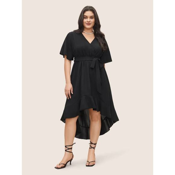 🔥SALE 1X 14 16 Plus Size BloomChic Ruffle High Low Surplice Dress Pockets Belted - Picture 1 of 7